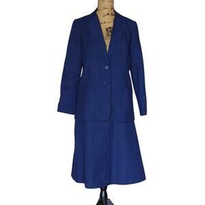 VTG 70s 80s Navy Blue A-Line Midi Skirt 2 Button Blazer Career Suit Women's S